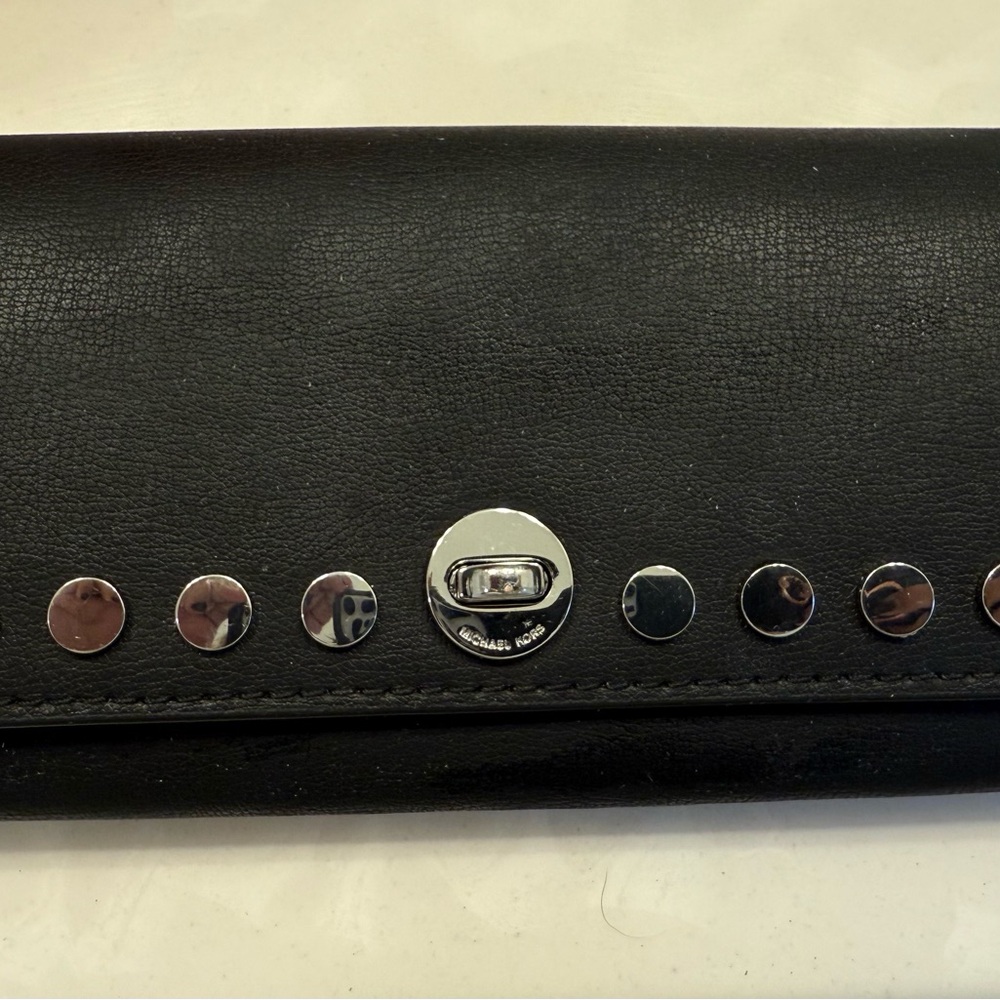 Michael Kors Black Leather Wallet with Silver Accents